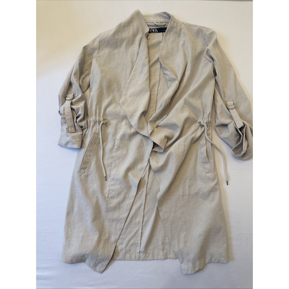 Zara Light Beige Open Front Lightweight Trench Jacket Drawstring Waist S